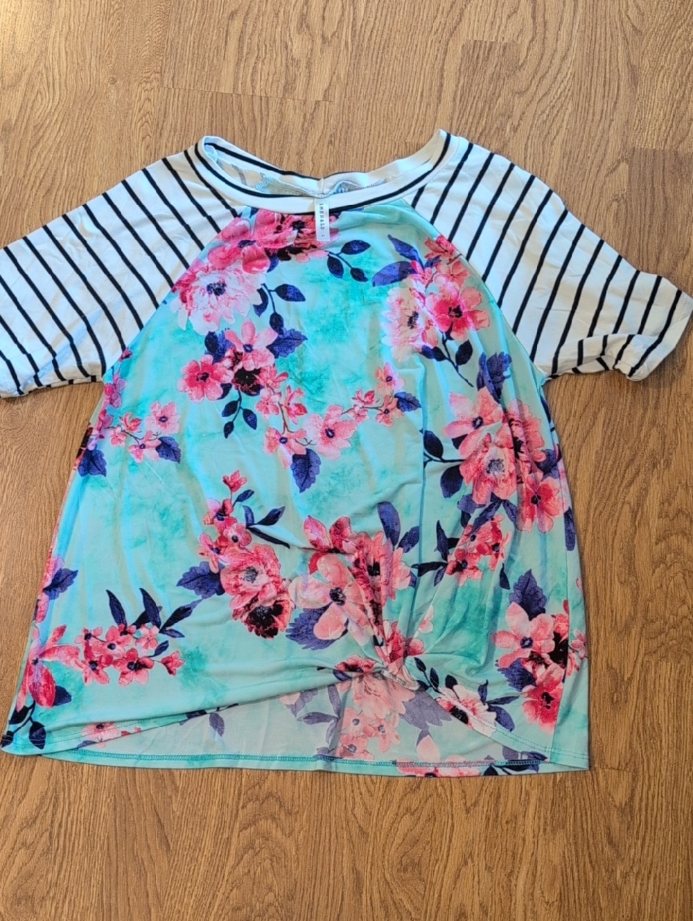 Emerald Mint Floral Raglan Tee with Pink & Purple Flowers
